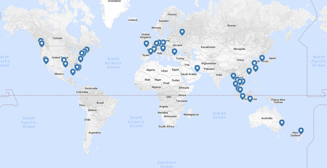 Map showing locations of Aquila dealers around world