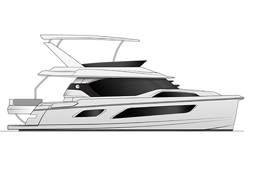 A black and white rendering of an Aquila 44 power catamaran, from a profile view