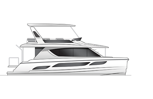 Black and white drawing in the profile view of the Aquila 48 power catamaran