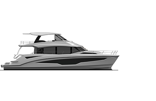 A rendering of a side profile of the Aquila 70 power catamaran in black and white on a white background