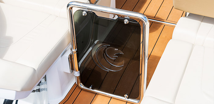 showing the detail of the door on the aquila 32 power catamaran