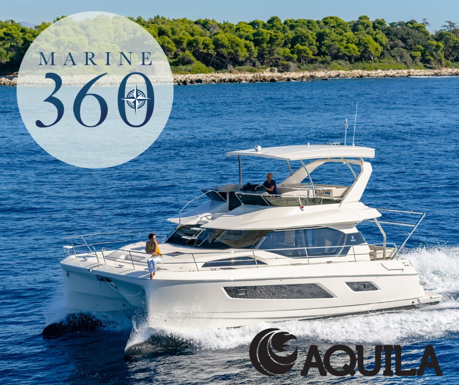 An Aquila power catamaran in water with the Marine 360 logo and Aquila logo