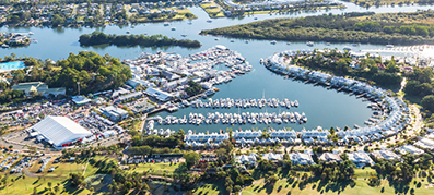 aerial view of boats in a marina