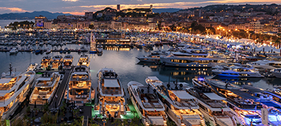 aerial view of Cannes Yachting Festival at night 