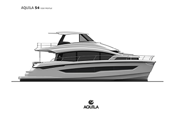 Side profile of an Aquila 54 power catamaran