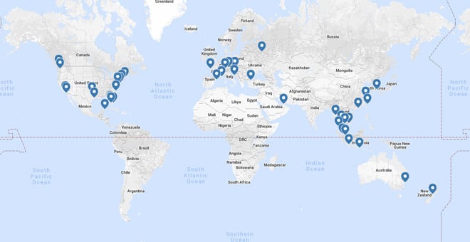 Mapa en el que se muestran las ubicaciones de los distribuidores de Aquila en todo el mundo