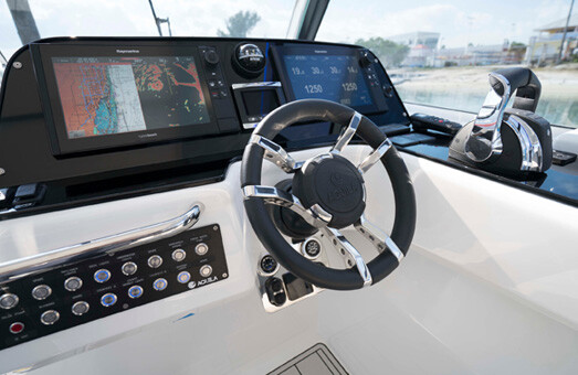 The helm of an Aquila 36 catamaran